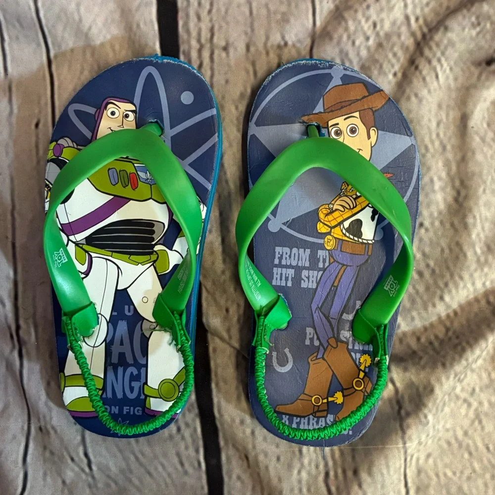 5/$20 Disney Pixar Toy Story Toddler‎ Buzz Lightyear Woody Flip Flops Sz L 9/10
